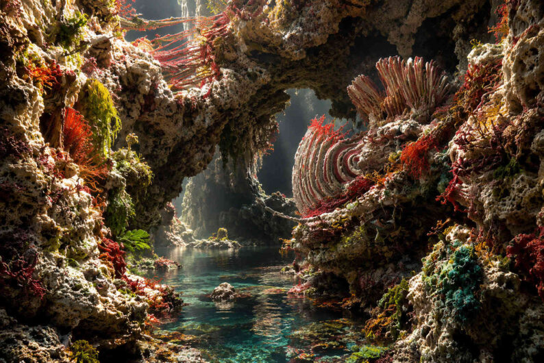 Lichtdurchflutete Höhle mit kristallklarem Wasser und dichten korallenartigen Strukturen in Rot, Grün und Creme. Natürliche Bögen überspannen die Lagune und erzeugen den Eindruck einer organisch gewachsenen Kathedrale. Sonnenstrahlen dringen von oben ein und lassen Wasser und Gestein schimmern. Das Bild verbindet Unterwasserwelt, Höhlenlandschaft und Fantasiearchitektur.