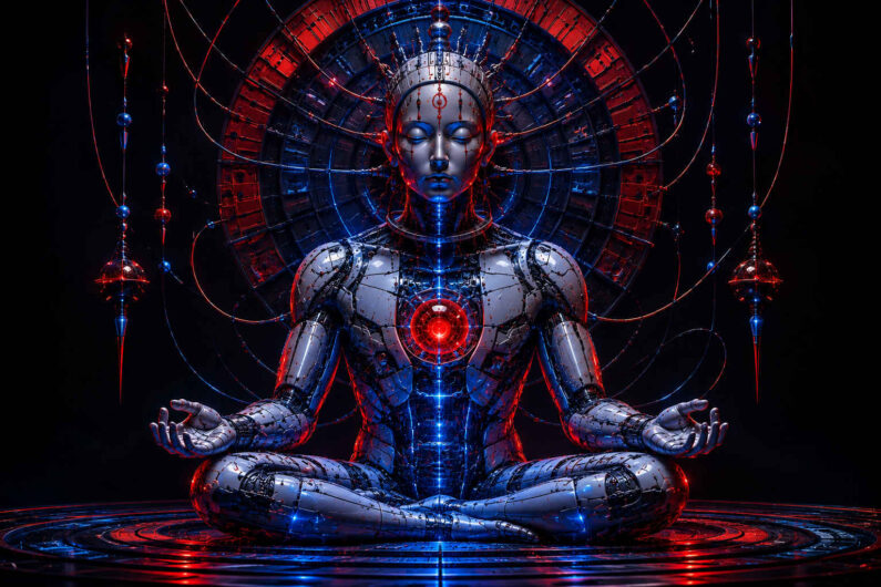 Eine humanoide Maschine sitzt in meditativer Haltung vor einem dunklen Hintergrund. Aus ihrem Brustzentrum strahlt ein intensiver roter Energiekern. Feine Kabel, Kreise und technische Strukturen bilden eine symmetrische Komposition um die Figur. Blaues und rotes Licht modellieren die metallischen Oberflächen. Das Bild verbindet Spiritualität, Technologie und innere Konzentration.