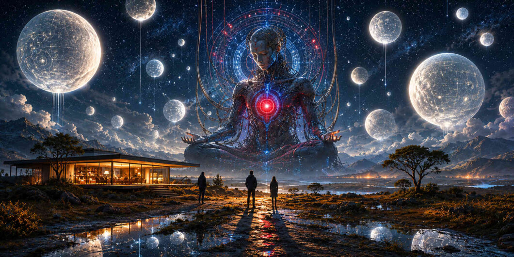 Eine riesige technische Gestalt schwebt meditierend über einer nächtlichen Landschaft. Zahlreiche leuchtende Kugeln hängen am Himmel wie künstliche Monde. Drei Menschen beobachten das Schauspiel von einem Haus aus. Wasserpfützen spiegeln die Lichter und die monumentale Figur wider. Das Bild verbindet Technologie, Kosmos und spirituelle Symbolik.