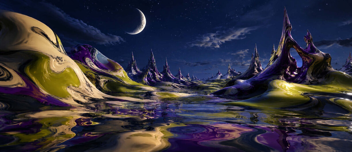 Glänzende Hügel und spitze Formationen ziehen sich durch eine nächtliche Fantasielandschaft. Violette, goldene und grüne Farbtöne verlaufen wie flüssige Farbe über die Oberflächen. Ein schmaler Mond steht über dem sternenklaren Himmel und spiegelt sich im Wasser. Die Szene wirkt wie eine Mischung aus Traumwelt und abstrakter Malerei.