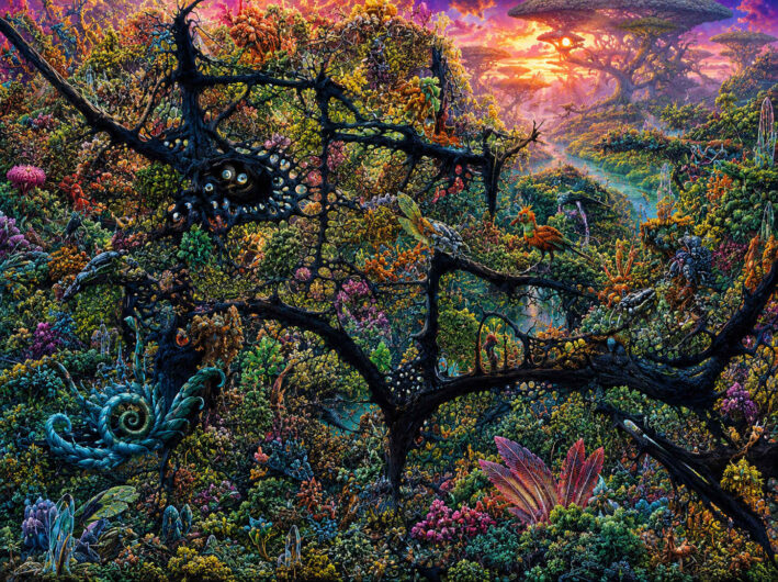 Fantastische Landschaft bei Sonnenuntergang mit schwarzen netzartigen Baumstrukturen im Vordergrund. Zwischen farbenprächtigen Pflanzen wachsen Kristalle und fremdartige Blumen. Kleine vogelähnliche Wesen sitzen auf den Ästen. Im Hintergrund erstreckt sich ein Tal mit schirmförmigen Bäumen unter einem leuchtenden orange-violetten Himmel.