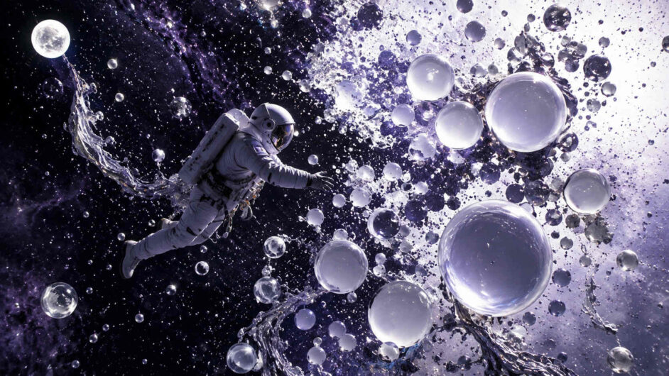 Astronaut bewegt sich durch einen kosmischen Raum voller unterschiedlich großer weißer Kugeln. Flüssigkeitsartige Strukturen verbinden einzelne Bereiche der Komposition miteinander. Sterne, Mondlicht und spiegelnde Oberflächen erzeugen eine surreal anmutende Umgebung. Das Bild verbindet Weltraumdarstellung mit abstrakter Fantasie.