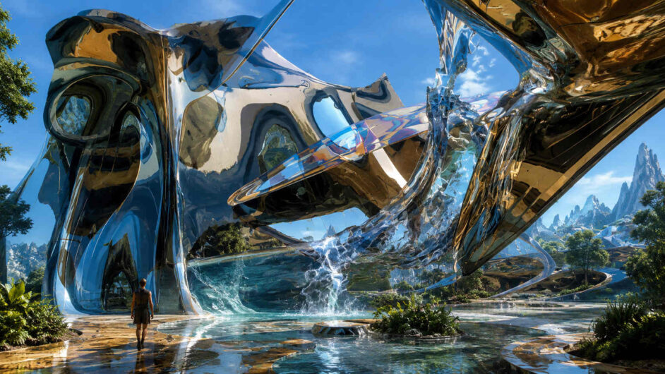 Futuristische Architektur aus spiegelnden, organisch geformten Flächen erhebt sich über Wasserbecken. Eine Person nähert sich dem monumentalen Bauwerk auf einem Weg durch die Anlage. Wasserströme und Reflexionen verschmelzen mit den Gebäudestrukturen. Die Szene wirkt zugleich technisch und natürlich.