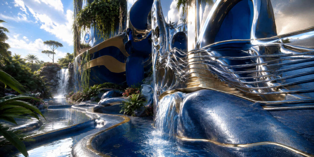 Futuristische Architektur in Blau und Silber umgibt ein System aus Kanälen, Becken und Wasserfällen. Tropische Vegetation wächst zwischen den geschwungenen Gebäudestrukturen und verbindet Technik mit Natur. Sonnenlicht reflektiert auf den glänzenden Oberflächen und dem ruhigen Wasser. Die Anlage vermittelt den Eindruck eines luxuriösen Paradieses.