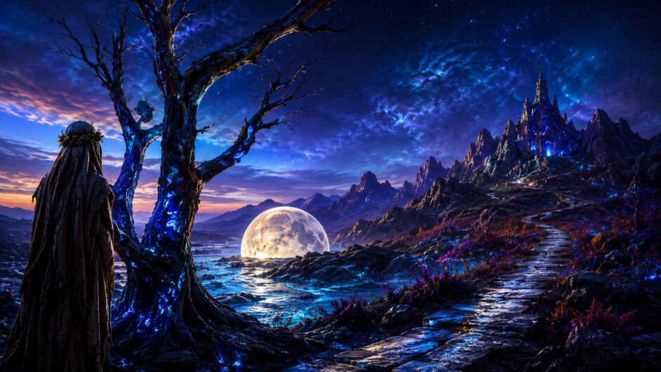 Dunkle Landschaft wird von intensiv blau leuchtenden Bäumen, Felsen und einem fernen Schloss geprägt. Ein heller Mond liegt tief am Horizont und spiegelt sich im Wasser. Ein gewundener Weg führt durch die Szene bis zur Burg in den Bergen. Das Bild verbindet märchenhafte Ruhe mit kosmischer Atmosphäre.