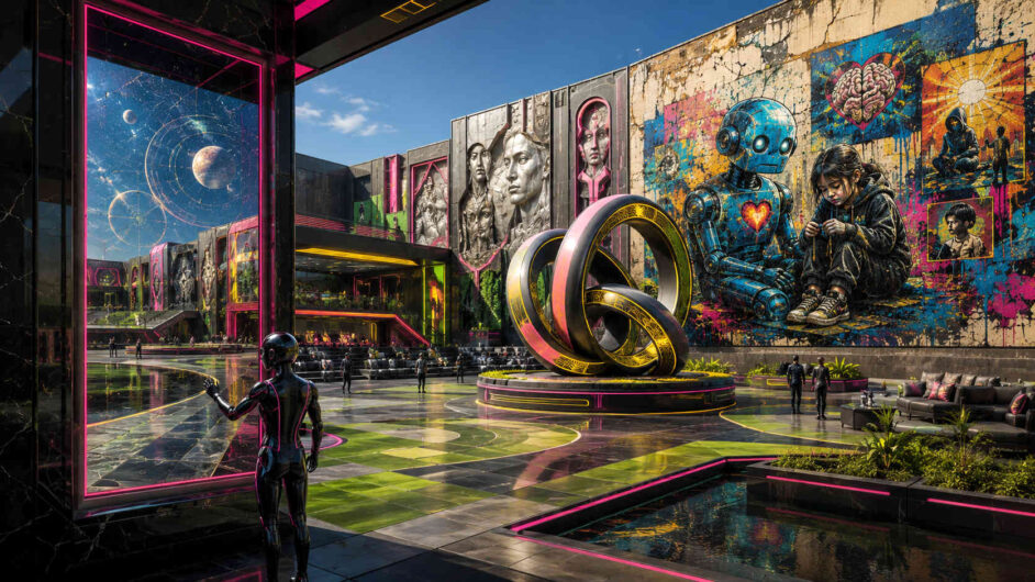 Futuristischer Innenhof zeigt monumentale Wandbilder von Menschen, Robotern und symbolischen Motiven. In der Mitte steht eine große Ring-Skulptur, während Besucher die Anlage durchqueren. Neonfarbene Akzente verbinden Kunst, Technologie und gesellschaftliche Themen. Die Szene wirkt wie ein kulturelles Zentrum einer zukünftigen Zivilisation.