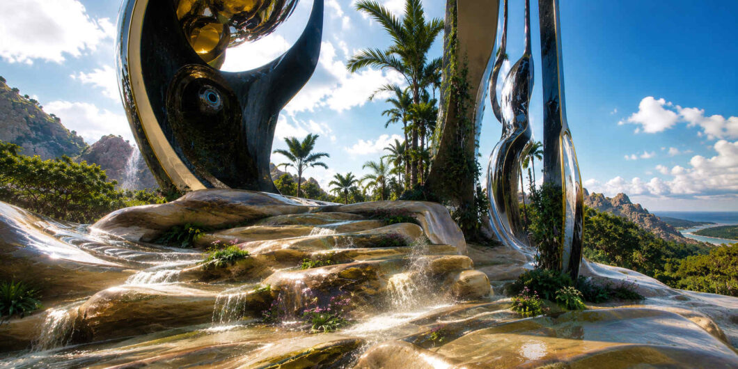 Glänzende Skulpturen aus Metall und Stein rahmen eine terrassenartige Wasserlandschaft ein. Kleine Wasserläufe fließen über sanft geformte Stufen zwischen tropischen Pflanzen. Die reflektierenden Oberflächen erzeugen wechselnde Licht- und Spiegelungseffekte. Die Umgebung wirkt wie ein harmonischer Garten einer hoch entwickelten Kultur.