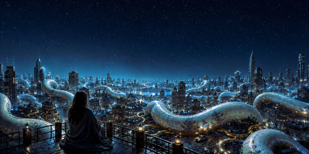 Eine Person blickt von einer Terrasse auf eine nächtliche Großstadt voller Lichter. Riesige schlangenartige Strukturen winden sich zwischen Wolkenkratzern und Wasserwegen hindurch. Die glänzenden Körper reflektieren das blaue Licht der Stadt. Über allem spannt sich ein klarer Sternenhimmel. Das Bild verbindet urbane Zukunftsvision und fantastische Kreaturen zu einer ungewöhnlichen Landschaft.