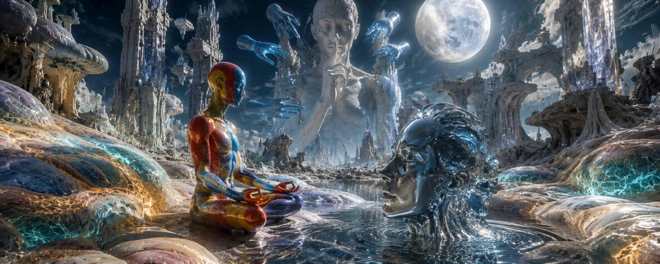 Surreale Mondlandschaft mit meditierender Figur und spiegelndem Metallkopf in einem stillen Wasserbecken. Im Hintergrund erhebt sich ein riesiges menschliches Antlitz zwischen kristallinen Ruinen. Durchscheinende Hände schweben über der Szene wie Gedankenformen. Kaltes Mondlicht taucht die futurale Traumwelt in silberblaue Farben.