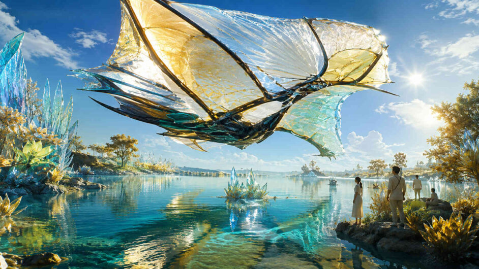 Transparentes schwebendes Objekt mit segelartigen Flächen gleitet über einen ruhigen See. Goldene und türkisfarbene Reflexe durchziehen die filigranen Strukturen und spiegeln sich im Wasser. Rundherum wachsen kristallartige Formationen entlang des Ufers. Einige Menschen betrachten die Erscheinung und verleihen der Szene Maßstab und Ruhe.