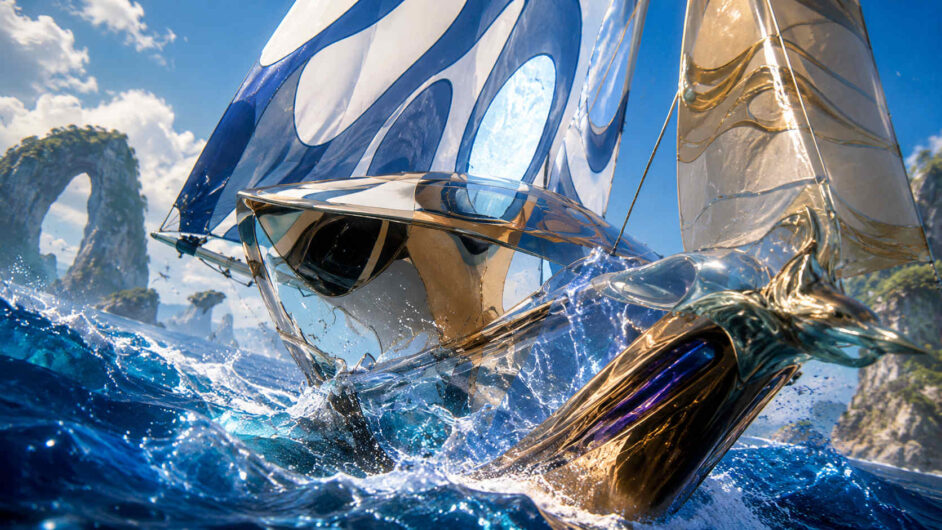 Futuristisches Wasserfahrzeug mit transparenten und metallisch glänzenden Segeln durchschneidet eine bewegte Meeresoberfläche. Spritzendes Wasser und spiegelnde Materialien erzeugen Dynamik und Brillanz. Im Hintergrund ragen bizarre Felsformationen aus dem Meer empor. Das Bild verbindet klassische Segelschiffsymbolik mit futuristischem Design.