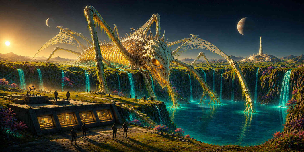 Das gigantische Skelett eines insektenartigen Wesens überspannt eine weite Landschaft mit Wasserfällen und Seen. Menschen und Forschungsstationen wirken winzig im Vergleich zu dem monumentalen Fund. Warmes Licht durchdringt die knochenartigen Strukturen. Ferne Planeten und futuristische Gebäude ergänzen die Szenerie. Das Bild erinnert an eine archäologische Entdeckung von kosmischem Ausmaß.