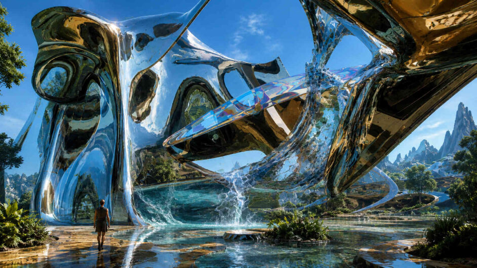 Futuristische Bauform aus spiegelnden Metall- und Glasflächen erhebt sich an einem flachen Gewässer. Organische Bögen und durchscheinende Verbindungen erzeugen den Eindruck einer lebenden Architektur. Das Sonnenlicht reflektiert in zahllosen Facetten auf Wasser und Oberflächen. Eine kleine menschliche Figur betont die Größe des Bauwerks.