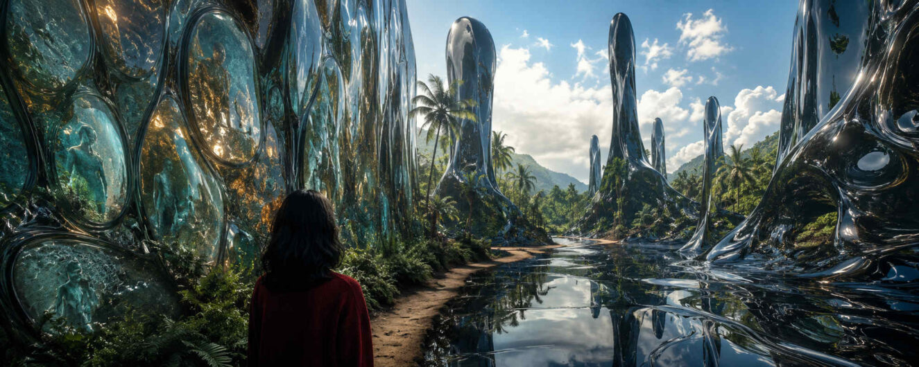 Eine Person blickt auf eine Landschaft aus glänzenden organischen Türmen und spiegelnden Wasserflächen. Die Architektur wirkt wie aus flüssigem Metall gewachsen. In transparenten Wandstrukturen erscheinen schemenhafte menschliche Figuren. Tropische Vegetation verbindet sich mit futuristischen Formen. Helles Tageslicht hebt die reflektierenden Oberflächen eindrucksvoll hervor.