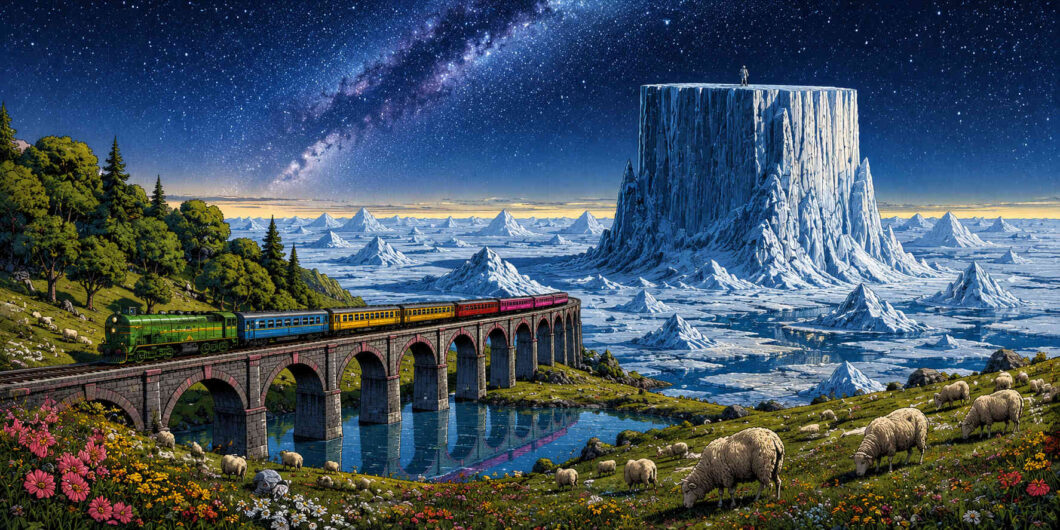 Ein bunter Zug fährt über ein langes Steinviadukt durch eine friedliche Landschaft. Schafe grasen auf grünen Wiesen, während dahinter eine riesige gefrorene Welt aus Eisbergen und einem monumentalen Tafelberg liegt. Über der Szenerie spannt sich ein klarer Nachthimmel mit der Milchstraße. Die warmen Farben des Zuges kontrastieren mit den kühlen Blautönen des Eismeeres. Das Bild verbindet Idylle und kosmische Fremdheit.