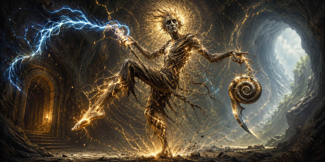 Eine drahtige Gestalt aus Licht und Wurzeln bewegt sich in einer Höhle voller elektrischer Entladungen. Goldene und blaue Energien durchziehen ihren Körper wie lebendige Adern. In einer Hand hält sie ein sichelartiges Objekt mit spiraliger Form. Der Hintergrund zeigt dunkle Tunnel und einen hellen Ausgang ins Freie. Die Szene wirkt archaisch, magisch und kraftgeladen zugleich.
