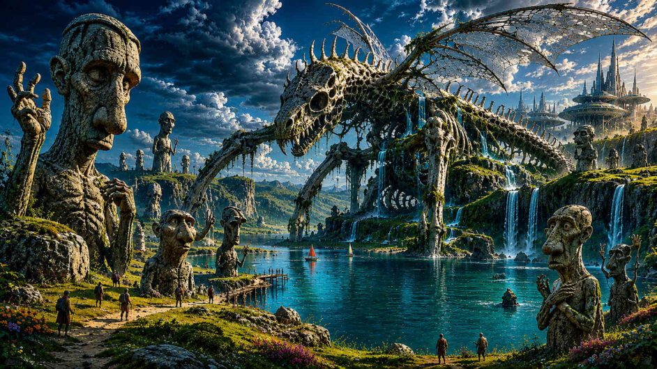 Riesige steinerne Köpfe und Figuren säumen einen See unter dramatischen Wolken. Im Zentrum steht das Skelett eines gewaltigen drachenartigen Wesens mit ausgebreiteten Flügeln. Kleine Menschen bewegen sich zwischen den Monumenten. Futuristische Architektur am Horizont verbindet Vergangenheit und Zukunft zu einer epischen Landschaft.