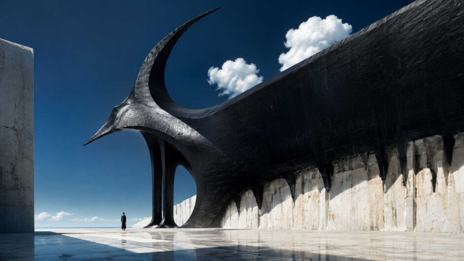 Monumentale schwarze Architektur erhebt sich über einem hellen steinernen Platz. Eine sichelförmige Spitze krönt die geschwungene Konstruktion und erzeugt einen starken Kontrast zum blauen Himmel. Eine einzelne Person verdeutlicht die enorme Größe des Bauwerks. Die Szene wirkt wie ein Denkmal einer unbekannten Kultur.