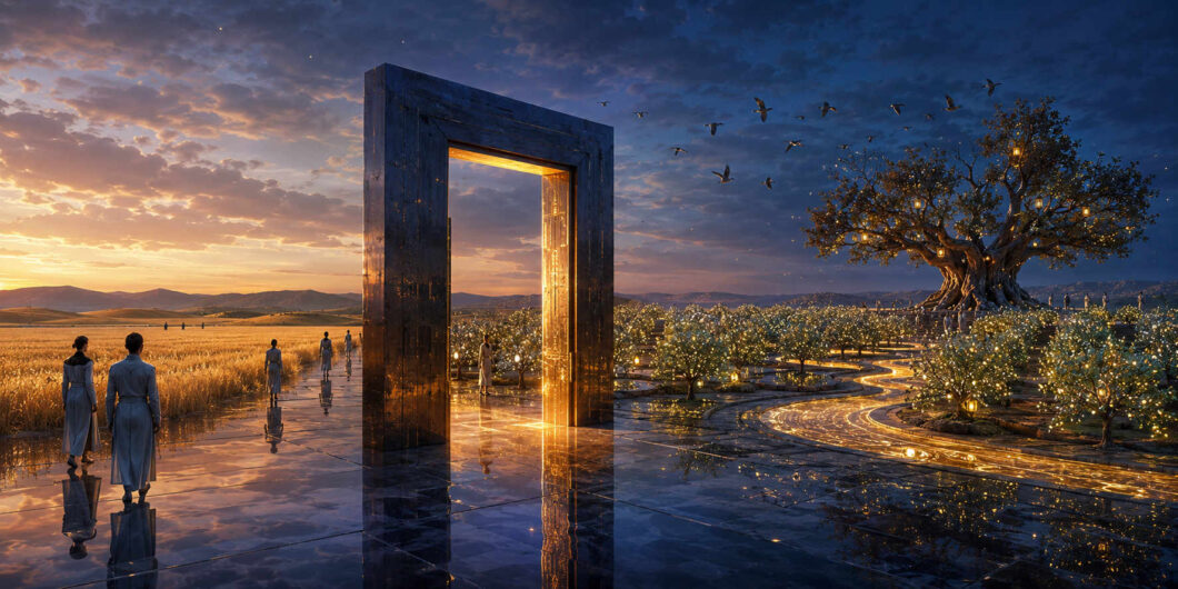Monumentales schwarzes Portal steht auf einer spiegelnden Fläche zwischen einem goldenen Getreidefeld und einem leuchtenden Garten. Mehrere Menschen bewegen sich ruhig auf das Tor zu. Rechts erhebt sich ein alter Baum voller kleiner Lichtquellen. Der Himmel zeigt den Übergang von Abendlicht zu tiefer Nacht. Reflexionen und goldene Wege verleihen der Szene eine feierliche Atmosphäre.