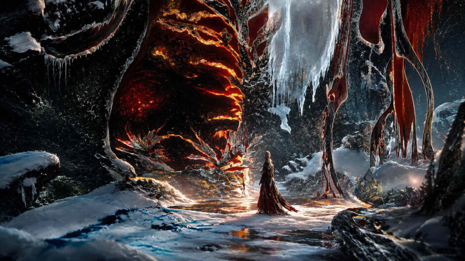 Fantastische Höhlenlandschaft mit glühenden roten Strukturen, Eiszapfen und verschneitem Boden. Eine einzelne Gestalt steht vor einem leuchtenden Durchgang aus Feuer und Kristall. Die Kontraste zwischen Kälte und Hitze bestimmen die Atmosphäre. Das Bild erinnert an eine mythische Reise in eine andere Dimension.