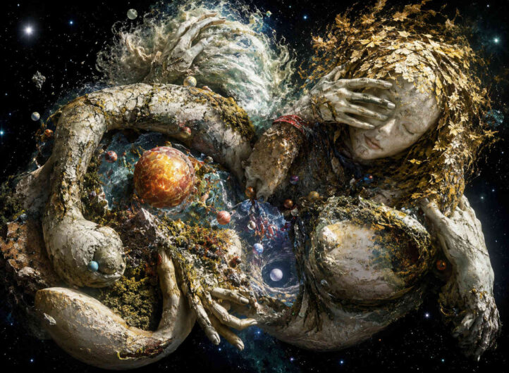 Monumentale weibliche Gestalt aus steinernen und organischen Strukturen schwebt im Weltraum. Zwischen Armen, Körper und Haaren kreisen Planeten, Lichtwirbel und kosmische Fragmente. Goldene Blätter und mineralische Texturen verleihen der Figur einen uralten, mythischen Charakter. Das Bild verbindet Universum, Natur und menschliche Symbolik zu einer visionären Komposition.