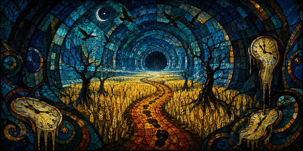 Mosaikartige Fantasielandschaft mit goldgelbem Feld und gewundenem Weg in einen sternenreichen Tunnel. Schmelzende Uhren rahmen die Komposition auf beiden Seiten ein. Schwarze Vögel fliegen unter einer Sichelmondnacht über kahle Bäume hinweg. Die Szene erinnert an eine Reise durch Zeit, Erinnerung und Traum.