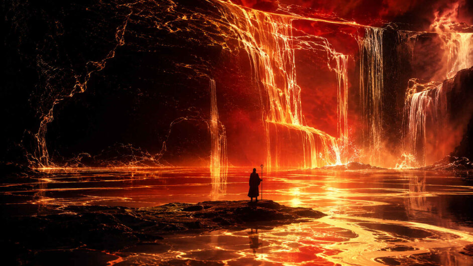 Eine einzelne Gestalt steht vor gewaltigen leuchtenden Kaskaden aus glühender Lava. Die gesamte Landschaft wird von orange-rotem Licht erfüllt und spiegelt sich auf der Oberfläche eines flüssigen Sees. Dunkle Felsformationen rahmen die Szene ein. Das Bild besitzt eine monumentale und mythische Wirkung.