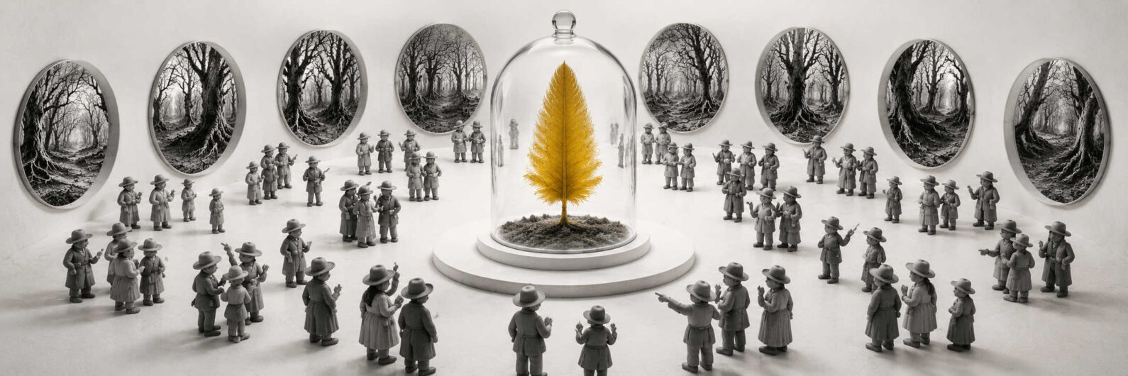 Minimalistische Ausstellung mit zahlreichen grauen Figuren, die ein einzelnes goldenes Blatt unter einer Glasglocke betrachten. An den Wänden hängen monochrome Waldlandschaften in ovalen Rahmen. Die streng reduzierte Farbpalette lenkt den Blick auf das zentrale Symbol. Das Bild wirkt wie eine Allegorie über Wert, Erinnerung und Vergänglichkeit.