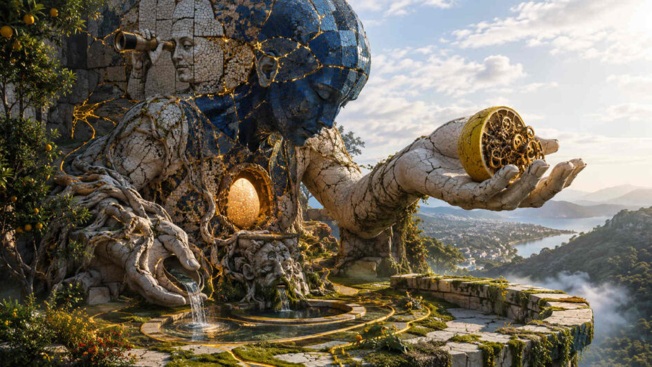 Monumentale mosaikartige Gestalt hält ein mechanisches Ei in ihrer ausgestreckten Hand. Aus dem Brustraum leuchtet eine goldene Lichtquelle, während Wasser aus steinernen Formen fließt. Im Hintergrund blickt eine weitere Figur durch ein Fernrohr in die Ferne. Die Szene verbindet Natur, Zeit und Schöpfung zu einem symbolischen Gleichnis.
