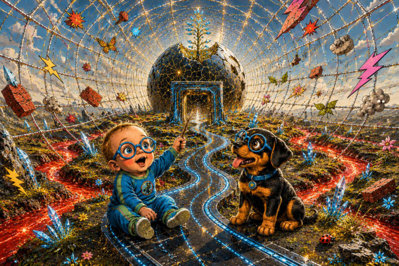 Ein Kind mit großer Brille sitzt neben einem Hund auf einem leuchtenden Pfad. Über ihnen spannt sich ein netzartiger Raum voller Kristalle, Pflanzen und schwebender Symbole. Im Hintergrund führt ein Tor zu einer dunklen Kugel. Die Szene verbindet spielerische Neugier mit fantastischer Kosmologie.