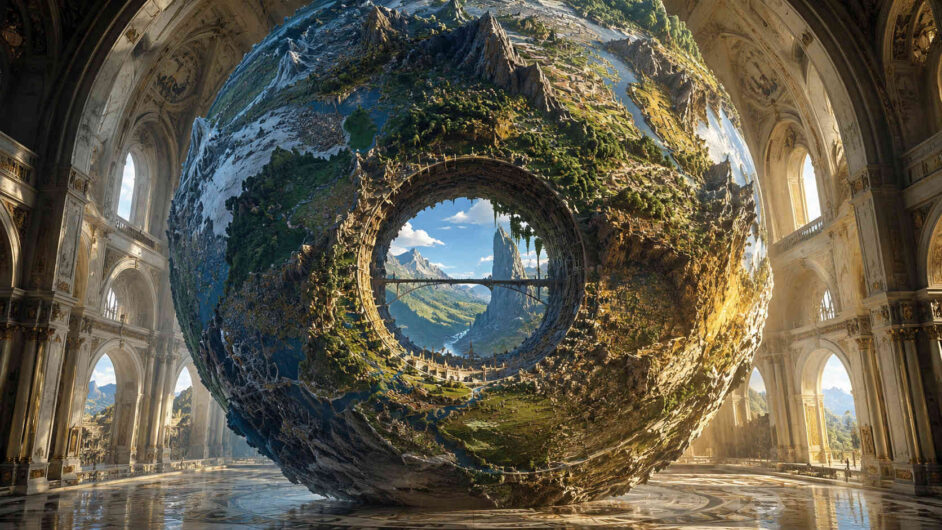 Riesige kugelförmige Landschaftsskulptur schwebt im Zentrum einer monumentalen Halle. Berge, Täler, Flüsse und Brücken bilden eine vollständige Welt auf ihrer Oberfläche. Durch eine große Öffnung im Inneren wird ein weiterer Landschaftsraum sichtbar. Das Bild vermittelt den Eindruck verschachtelter Realitäten.
