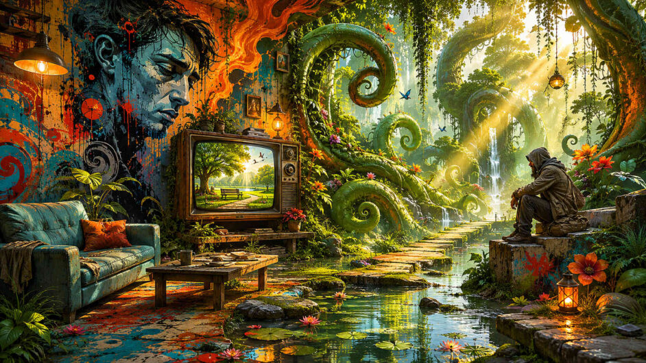 Wohnraum und üppige Natur gehen nahtlos ineinander über. Ein Fernseher zeigt eine friedliche Parklandschaft, während spiralförmige Pflanzen und Wasserläufe den Raum durchziehen. Ein einsamer Mensch sitzt nachdenklich am Rand eines Kanals. Sonnenstrahlen, Blumen und Wandmalereien schaffen eine poetische Stimmung zwischen Innen- und Außenwelt.