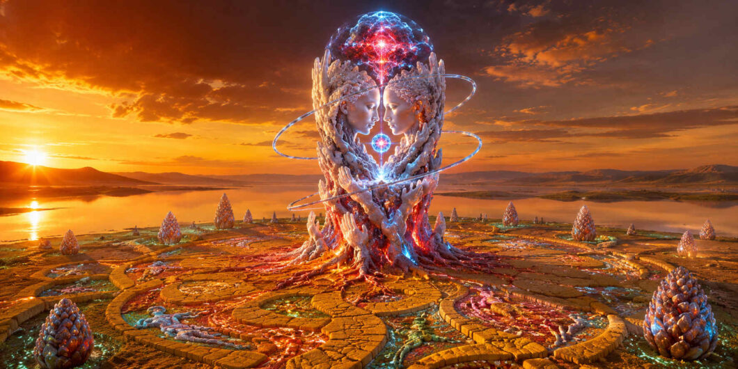 Zwei einander zugewandte Gesichter wachsen aus einer leuchtenden organischen Struktur empor. Blaue und rote Energien durchziehen das Gebilde und verbinden sich in einer strahlenden Kugel. Die Landschaft darunter zeigt kreisförmige Wege und farbige Muster, die an ein Labyrinth erinnern. Im Hintergrund glüht die Sonne über einem ruhigen Gewässer. Das Bild vermittelt Harmonie, Verbundenheit und kosmische Symbolik.