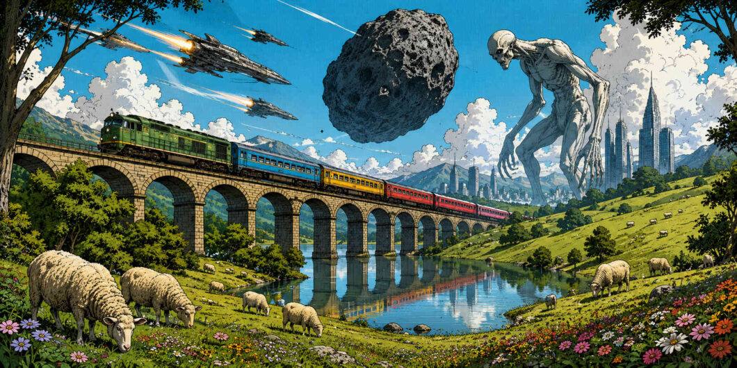Schafe grasen friedlich auf grünen Hügeln an einem Flussufer. Darüber rasen Raumschiffe durch den Himmel, während ein riesiger Asteroid schwebt. Neben einer futuristischen Stadt steht eine gigantische humanoide Gestalt. Die Szene verbindet ländliche Ruhe mit kosmischer Bedrohung und Science-Fiction-Elementen.