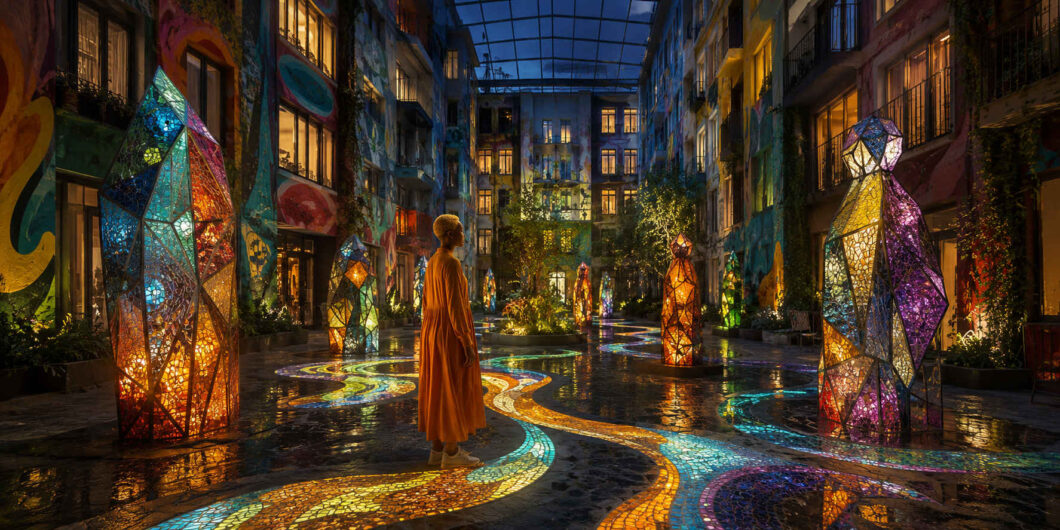 Eine einzelne Person in einem langen orangefarbenen Gewand steht in einem überdachten Hinterhof zwischen hohen, bemalten Wohnhäusern. Leuchtende Figuren aus vielfarbigem Glas säumen den nassen Boden, über den sich mosaikartige Lichtbahnen schlängeln. Warme Fenster, Pflanzen und kleine Sitzplätze verleihen dem nächtlichen Hof eine geschützte, wohnliche Atmosphäre.