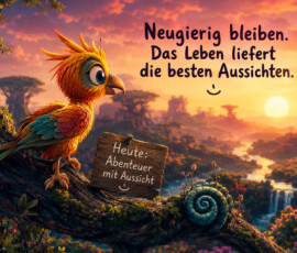Ein farbenprächtiger Vogel sitzt auf einem Baumstamm und blickt über eine weite, leuchtende Landschaft mit Fluss und Wasserfall. Die tief stehende Sonne taucht Wälder und ferne Felsformationen in warmes Licht. Über der Szene steht: „Neugierig bleiben. Das Leben liefert die besten Aussichten.“ Ein kleines Holzschild kündigt an: „Heute: Abenteuer mit Aussicht.“
