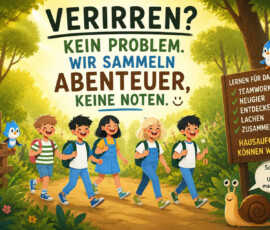 Fünf lachende Kinder wandern mit Rucksäcken durch einen sonnigen Wald, begleitet von kleinen blauen Vögeln und einer freundlichen Schnecke. Über ihnen steht: „Verirren? Kein Problem. Wir sammeln Abenteuer, keine Noten.“ Eine Tafel nennt als Lernstoff fürs Leben „Teamwork“, „Neugier“, „Entdecken“, „Lachen“ und „Zusammenhalt“ und verkündet: „Hausaufgaben können warten!“ Die Schnecke ergänzt: „Schnecken wissen: Umwege machen weise!“