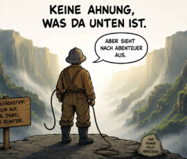 Ein Forscher mit Helm und Seil steht am Rand einer hohen Felsklippe und blickt in eine nebelverhangene Schlucht. Über ihm steht: „Keine Ahnung, was da unten ist.“ In einer Sprechblase ergänzt er: „Aber sieht nach Abenteuer aus.“ Ein Schild empfiehlt: „Helm auf, Seil dabei, Ego runter“, während ein Stein daran erinnert, den Humor nicht zu vergessen.