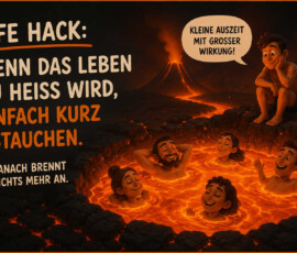 Mehrere fröhliche Menschen baden in einem Becken aus glühender Lava, während im Hintergrund ein Vulkan ausbricht. Ein weiterer Mann sitzt entspannt am Rand und betrachtet die ungewöhnliche Badeszene. Seine Sprechblase lautet: „Kleine Auszeit mit großer Wirkung!“ Links steht: „Life Hack: Wenn das Leben zu heiß wird, einfach kurz abtauchen. Danach brennt nichts mehr an.“