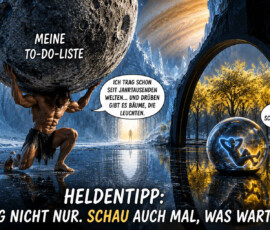 Ein muskulöser Mann kniet in einer eisigen außerirdischen Landschaft und trägt eine gewaltige steinerne Kugel mit der Aufschrift „Meine To-do-Liste“. Er sagt: „Ich trag schon seit Jahrtausenden Welten … und drüben gibt es Bäume, die leuchten.“ Hinter einem großen Torbogen liegt ein goldener Wald, vor dem eine leuchtende menschliche Figur entspannt in einer Glaskugel liegt und erklärt: „Ich bin schon drin.“ Darunter steht: „Heldentipp: Trag nicht nur. Schau auch mal, was wartet.“