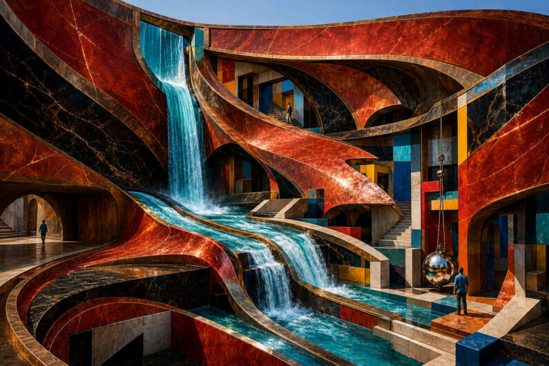Türkisfarbenes Wasser stürzt durch eine verschachtelte Architektur aus geschwungenen roten, schwarzen und goldgerahmten Flächen. Der Strom teilt sich über mehrere Ebenen und fließt zwischen Treppen, Durchgängen und farbigen Quadern hindurch. Drei einzelne Menschen erkunden die Anlage; einer steht neben einer großen Spiegelkugel, die an einem langen Seil hängt.