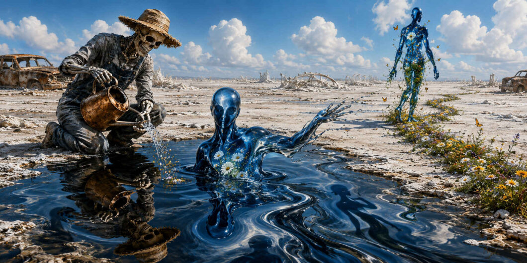 Ein skelettierter Gärtner mit Strohhut kniet in einer bleichen, von Autowracks übersäten Ebene und gießt eine schwarze Wasserfläche. Daraus erhebt sich eine glänzende blaue Gestalt, in deren Brust weiße Blumen wachsen. Eine zweite pflanzenbedeckte Gestalt geht davon und hinterlässt eine Spur aus Blüten und Schmetterlingen in der verwüsteten Landschaft.