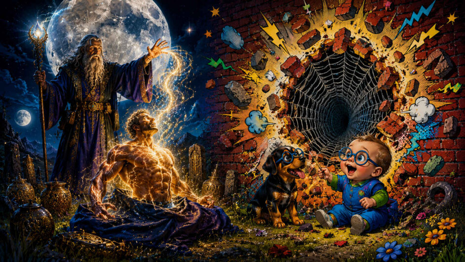 Unter einem riesigen Mond erweckt ein bärtiger Magier mit goldenen Lichtströmen einen am Boden sitzenden Mann. Daneben durchbricht ein comicartig explodierendes Loch eine rote Backsteinwand und öffnet sich zu einem schwarzen Spinnennetz. Davor sitzen ein lachendes Kleinkind und ein Hund, beide mit großen blauen Brillen.
