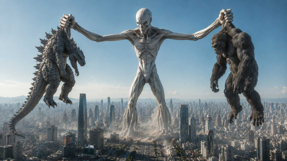 Über einer dicht bebauten Großstadt steht ein gewaltiges bleiches Monster, das selbst Godzilla und King Kong weit überragt. Mit ausgestreckten Armen hält es die beiden Streithähne an den Handgelenken hoch und voneinander fern. Die sonst furchteinflößenden Giganten hängen kraftlos zu seinen Seiten und wirken plötzlich wie zwei ungezogene Kinder.