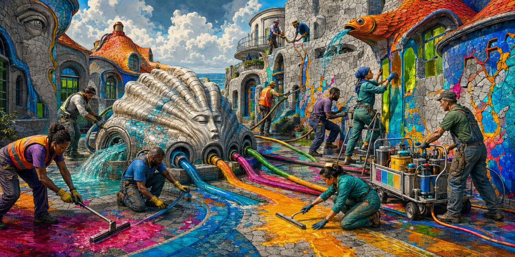 Zahlreiche Menschen verteilen leuchtende Farben auf dem Pflaster und den mosaikartigen Fassaden einer fantastischen Küstenstadt. Aus einem großen steinernen Kopf führen Schläuche mit blauen, gelben, pinken und grünen Strömen. Auf Leitern und Balkonen arbeiten weitere Figuren, während ein orangefarbener Fisch am Dach Wasser auf die Straße speit.