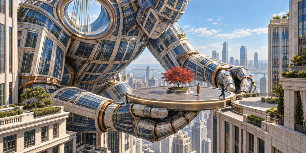 Eine gigantische menschenähnliche Konstruktion aus Glasfassaden und Gebäudeteilen beugt sich zwischen den Hochhäusern einer futuristischen Metropole. Ihre riesige Hand trägt eine kreisrunde Plattform mit einem roten Baum, auf der zwei winzige Menschen stehen. Körper, Architektur und Stadt gehen nahezu nahtlos ineinander über. Die monumentale Gestalt wirkt dadurch weniger wie eine Statue als wie ein lebendig gewordenes Stück der Metropole.