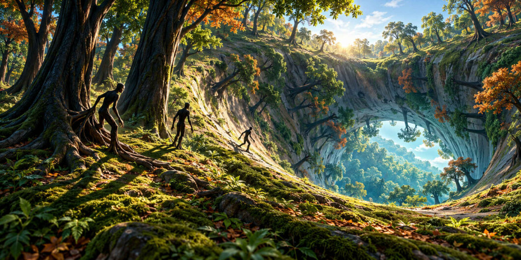 Surreale Waldlandschaft mit gewaltigen alten Bäumen, deren Stämme und Wurzeln eine riesige natürliche Höhle und einen bogenförmigen Durchgang bilden. Drei dunkle menschenähnliche Gestalten bewegen sich zwischen den mächtigen Wurzeln einen bewaldeten Hang hinab. Durch die große Öffnung fällt helles Sonnenlicht auf einen tiefer gelegenen Wald. Moose, Farne und herbstlich gefärbtes Laub bedecken den Boden und verstärken den Eindruck einer lebendig gewordenen Landschaft.
