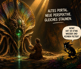 Ein Mann kniet in einem dunklen Wald vor einem prächtigen, fächerförmigen Portal und fängt das aus einer grünen Kugel strömende Wasser mit einer Tasse auf. Ein kleines schwarzes Fantasiewesen beobachtet ihn aus der Nähe. Über der Szene steht: „Altes Portal. Neue Perspektive. Gleiches Staunen.“ Das Wesen fragt: „Wow! Hat er etwa Wasser und keinen Filter?“