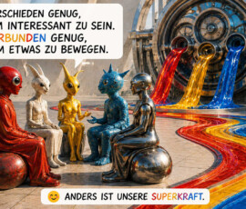 Fünf verschiedenartige, farbige Wesen sitzen in einer futuristischen Umgebung beisammen und unterhalten sich. Hinter ihnen fließen rote, gelbe und blaue Flüssigkeiten aus einer großen Maschine und vereinigen sich zu parallelen Bahnen. Die Sprechblase sagt: „Verschieden genug, um interessant zu sein. Verbunden genug, um etwas zu bewegen.“ Darunter steht: „Anders ist unsere Superkraft.“