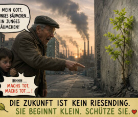 Ein älterer Mann und ein verängstigter Junge stehen in einer trostlosen Industriestadt vor einem kleinen Baum, der aus einer Betonwand wächst. Der Mann zeigt begeistert darauf und ruft: „Oh mein Gott, ein junges Bäumchen … ein junges Bäumchen!“ Der Junge klammert sich an ihn und fordert erschrocken: „Ihhhh … machs tot, machs tot …!“ Darunter steht: „Die Zukunft ist kein Riesending. Sie beginnt klein. Schütze sie.“ (Basierend auf einen einseitigen Comic in einer Beilage einer Wochenzeitung (Die Zeit oder Süddeutsche) in den 1990-Jahren)